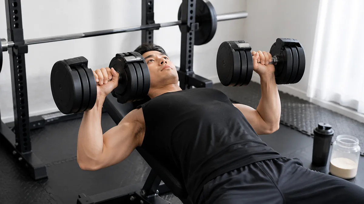 ダンベルチェストプレスの手順は5ステップ｜下ろす深さは上腕が水平までの解説画像